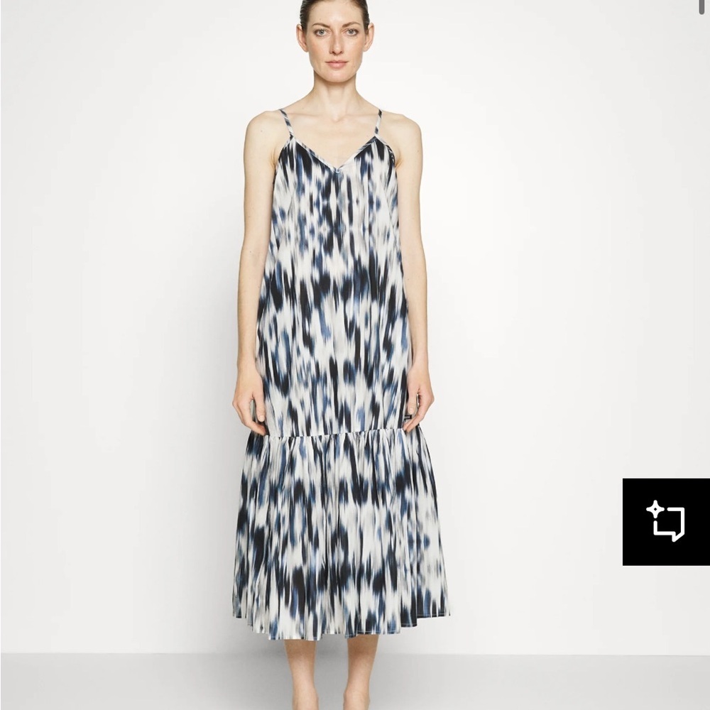 DKNY jeans spaghetti blue white print strap midi‎ dress with pockets summer S